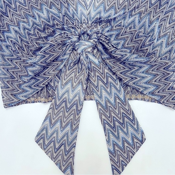 Moon River Chevron Tie Front Sheer Blouse L Metallic Zigzag Puff Sleeve Top - Picture 3 of 12